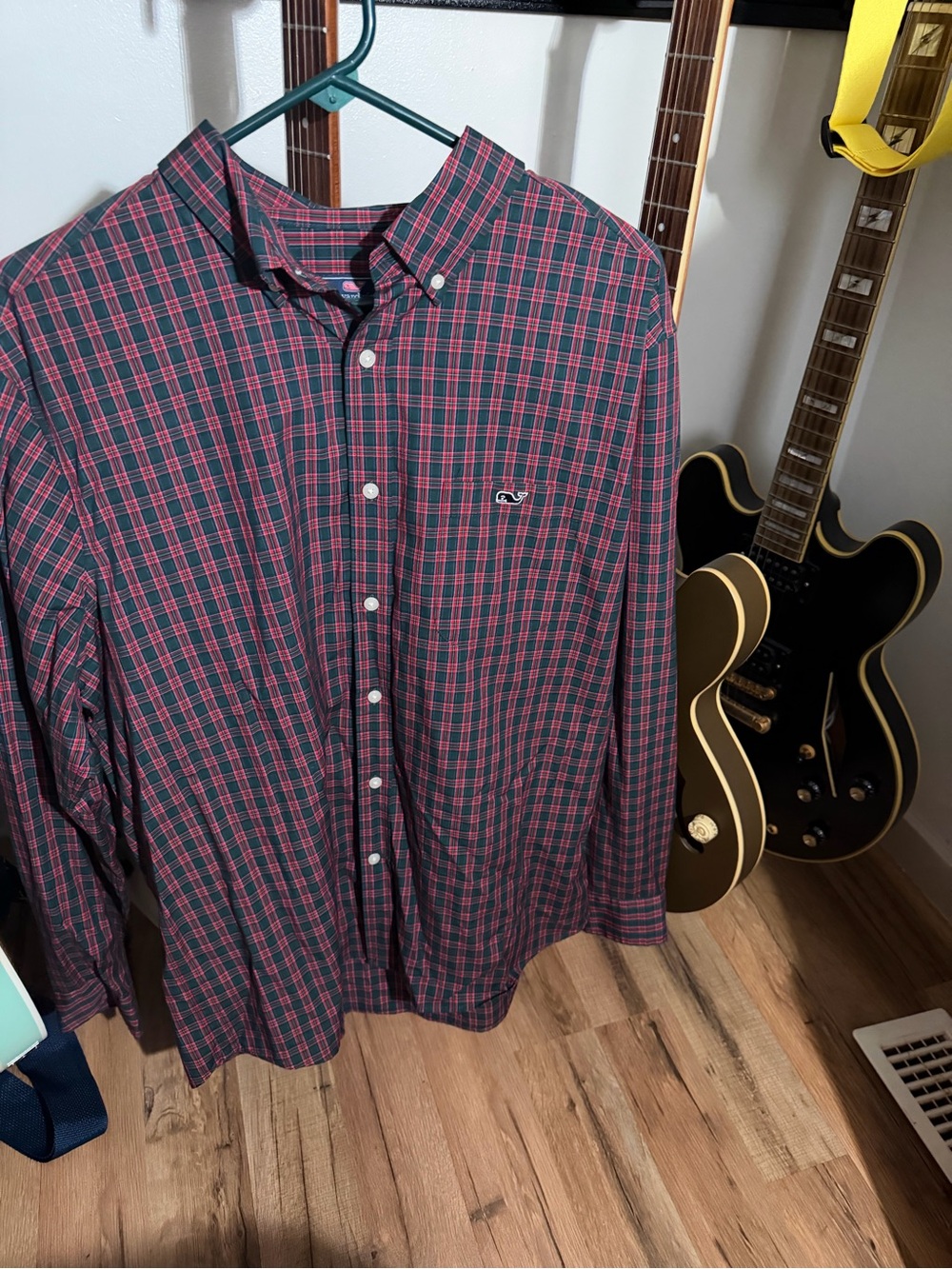 Men's Red and Green Plaid Button-Down Shirt